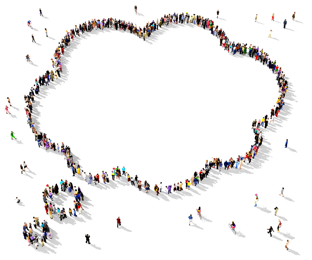 Large group of people seen from above gathered together in the shape of a thought bubble(Arthimedes)s