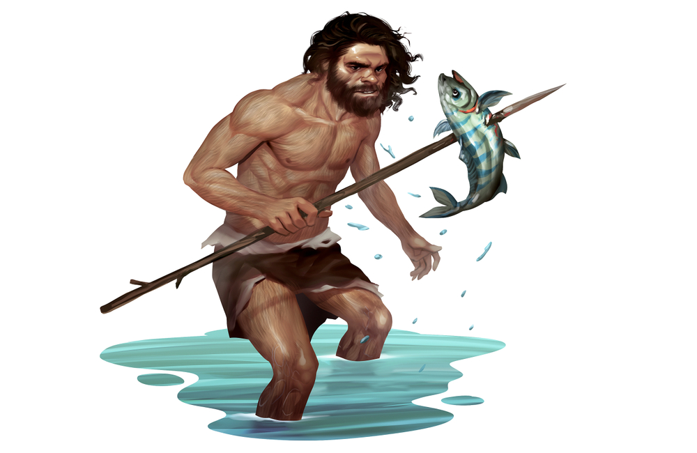 Prehistoric Illustration of Caveman Catching Fish Traditionally(Roni Setiawan)s