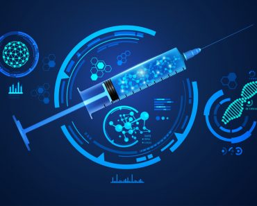 concept of medical health care technology, graphic of realistic syringe with abstract vaccine inside(Jackie Niam)s
