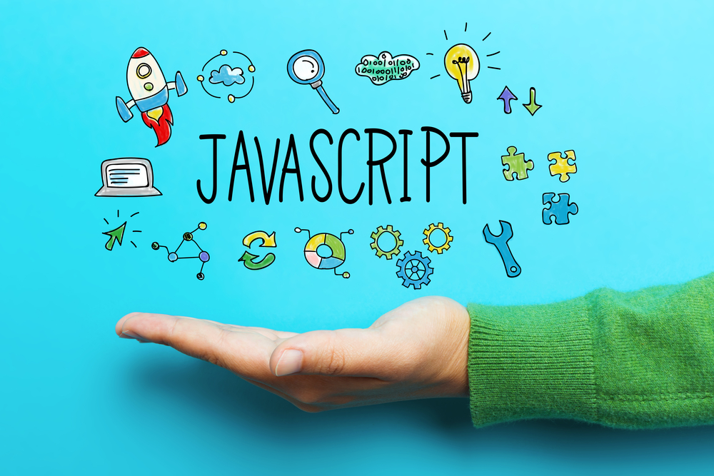 JavaScript concept with hand on blue background(TierneyMJ)S