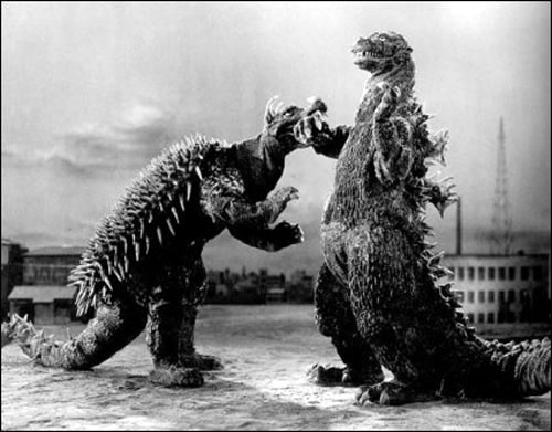 A still from the movie, Godzilla Raids Again depicting Godzilla fighting Anguirus.