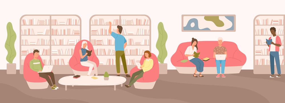 Young people sitting on comfy sofa and in armchairs studying and reading at public library(GoodStudio)s