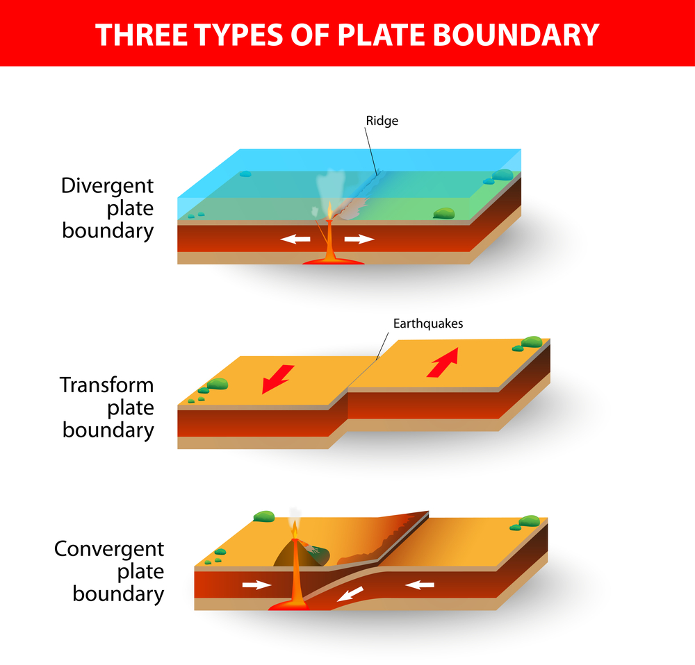 A cross section illustrating the main types of tectonic plate boundaries(Designua)s