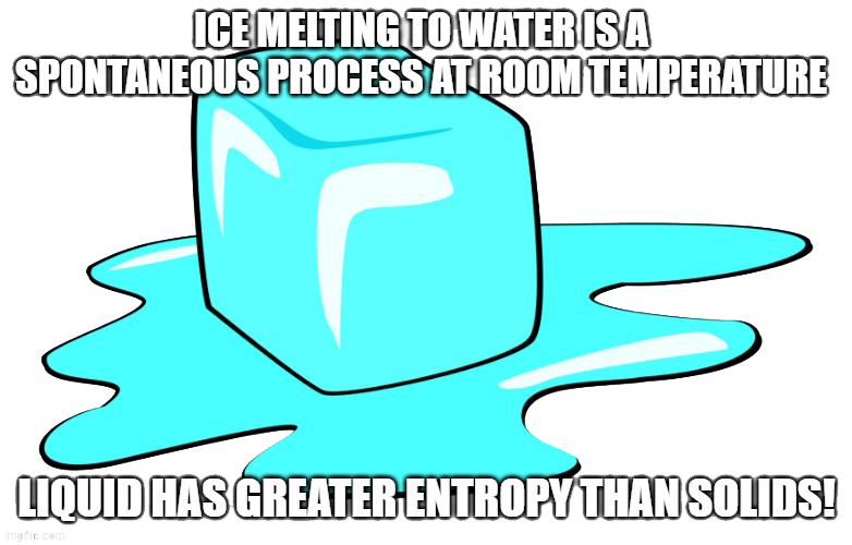 ICE MELTING TO WATER IS A SPONTANEOUS PROCESS AT ROOM TEMPERATURE; LIQUID HAS GREATER ENTROPY THAN SOLIDS meme