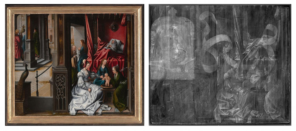 Image on the right is an X-ray of the image on The Birth and Naming of Saint John The Baptist by Barend van Orley