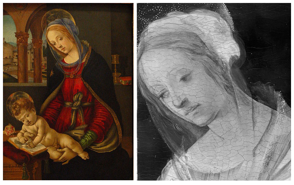 The IR scan of the image at left reveals the underdrawings seen in the right