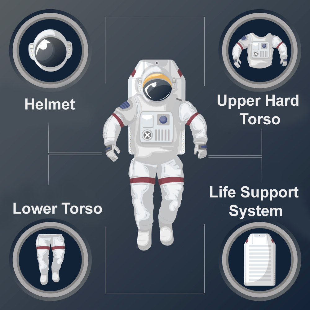 upper and lower torso, the cooling garment, and the helmet spacesuit
