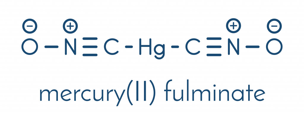Mercury fulminate primary explosive molecule. Skeletal formula(StudioMolekuul)s
