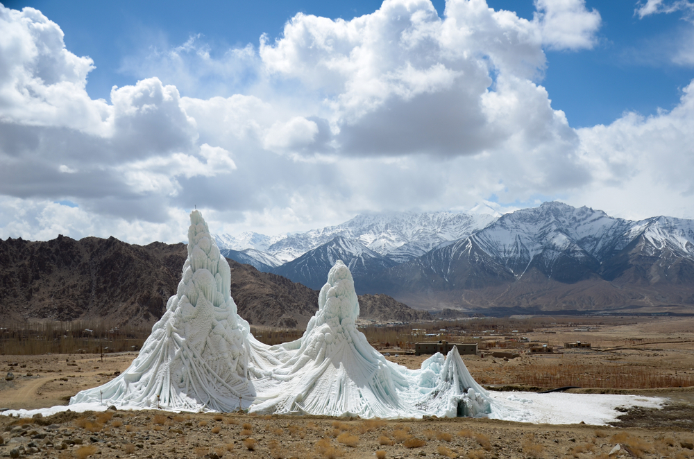 Stupa (Artificial Glaciers) in the middle of cold desert of Ladakh in India(Naveen Macro)s