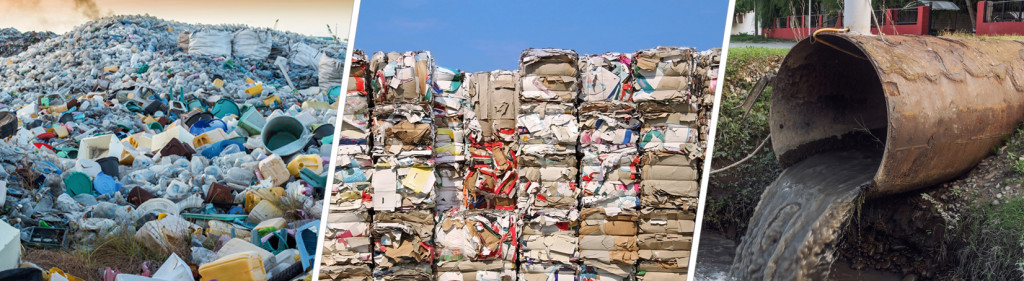 The different types of waste circulating on our planet—plastic, cardboard and liquid