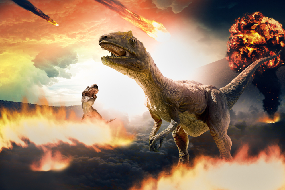 3d rendering of dinosaur and asteroids during extinction day(serpeblu)s