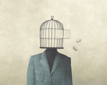 illustration of man with open birdcage over his head, surreal freedom concept(fran_kie)s