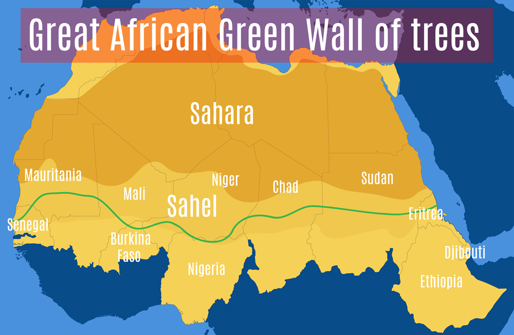 Schematic vector map of the Great African Green Wall of the Sahara and the Sahel(WindVector)s
