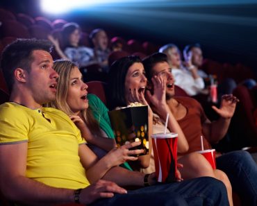 Audience,Sitting,In,Multiplex,Movie,Theater,,Watching,Horror,Movie,,Screaming.