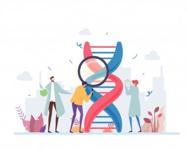 Genetic DNA Science Vector Illustration Concept Showing a group of scientist investigating DNA