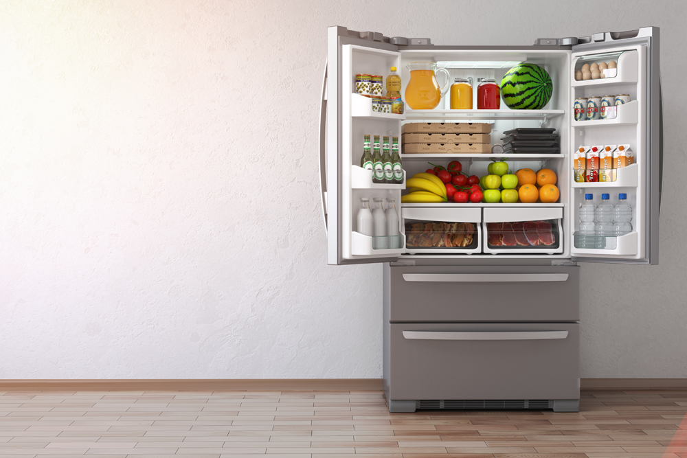Open fridge refrigerator full of food in the empty kitchen interior. 3d Illustration