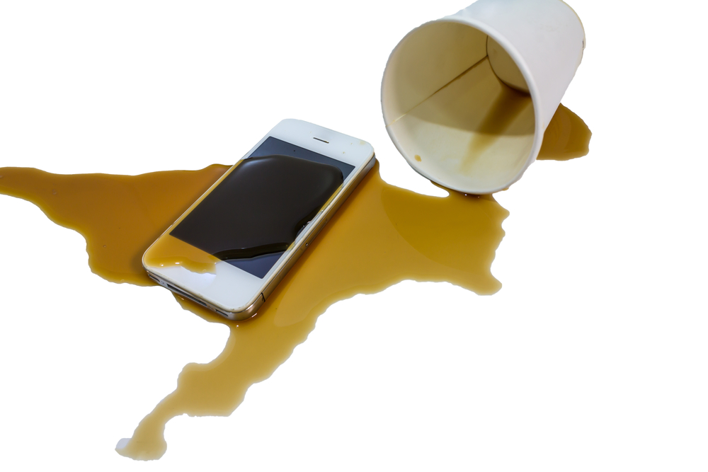Modern,Smartphone,With,Hot,Coffee,Cup,Wet,,accident.