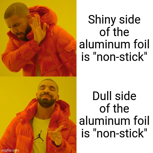 Shiny side of the aluminum foil is non stick meme