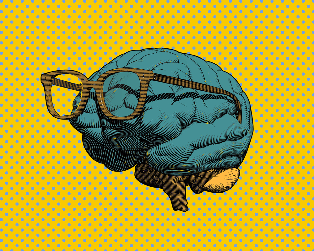 Color retro pop art engraving human brain with eye glasses illustration in side view isolated on blue polka dot and yellow background