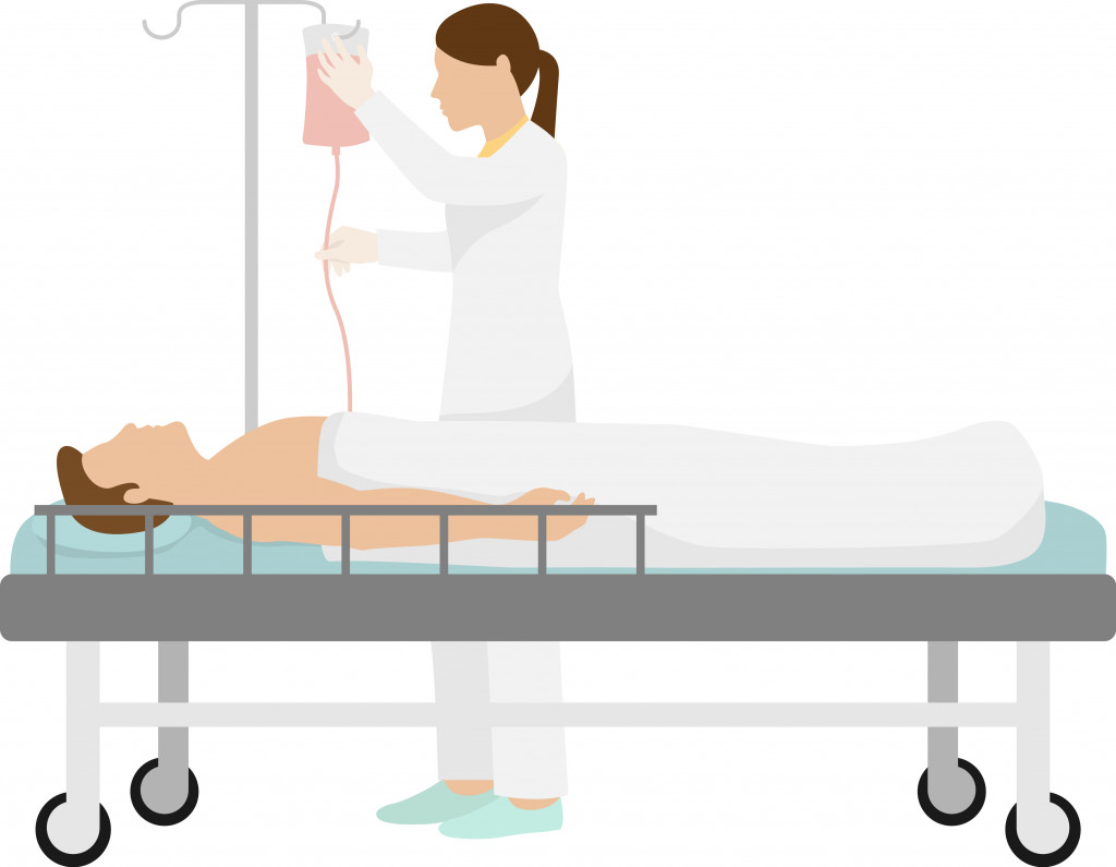 Doctor give blood transfusion to man in clinic, vector illustration. Hospital medical care about patient on bed by equipment