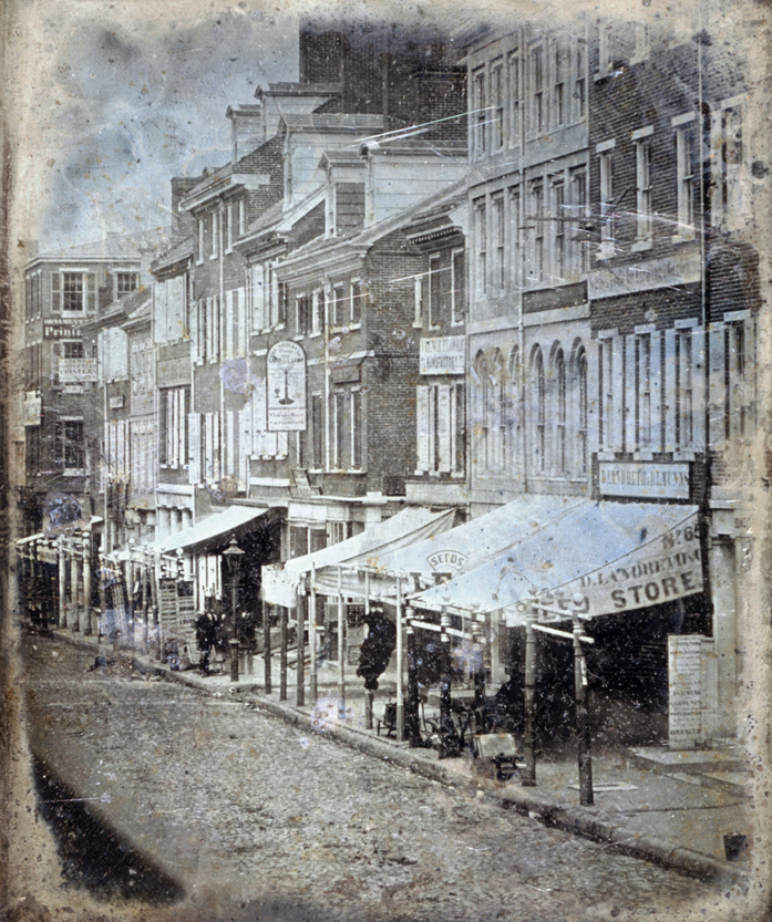 Daguerreotype of the north side of Chestnut Street, between 2nd Street and 3rd Street, Philadelphia, Pennsylvania 1843