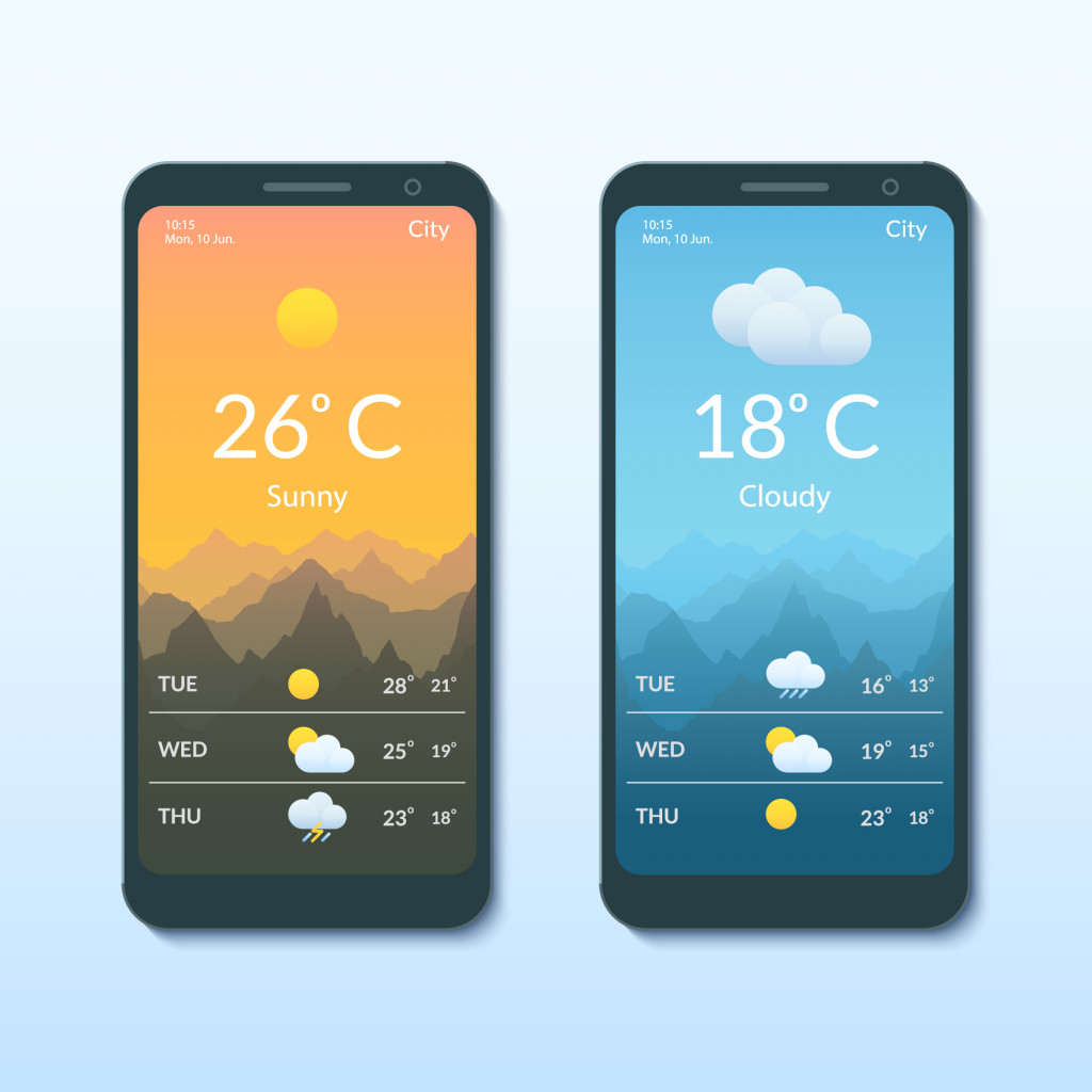 Smartphone screens with the weather forecast mobile app.