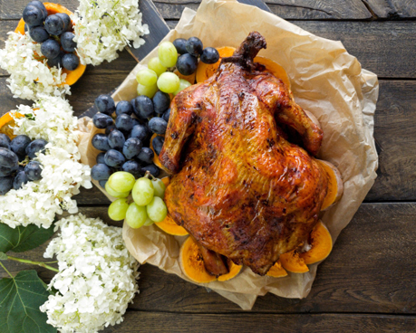 delicious-thanksgiving-turkey-with-grapes-pumpkin-on-a-wooden-brown-on-the-left-side-of-the-picture_t20_ZJem4Y