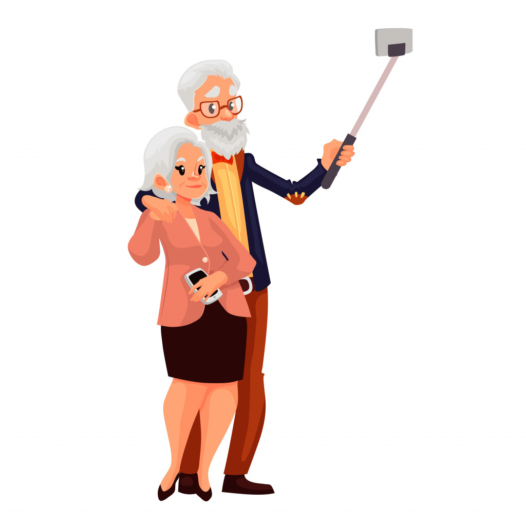 Elder grey-haired caucasian couple taking selfie, cartoon style vector illustration