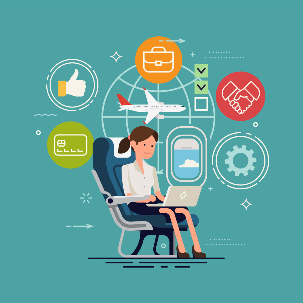 Vector concept design on woman working online using inflight WiFi. Flier traveler using onboard internet provided by airline. Lady using laptop in cabin seat while traveling by airplane illustration