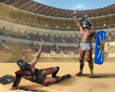 Gladiator fight in an ancient Roman colosseum. One gladiator on the ground begging for mercy, the other is victorious, 3d render.