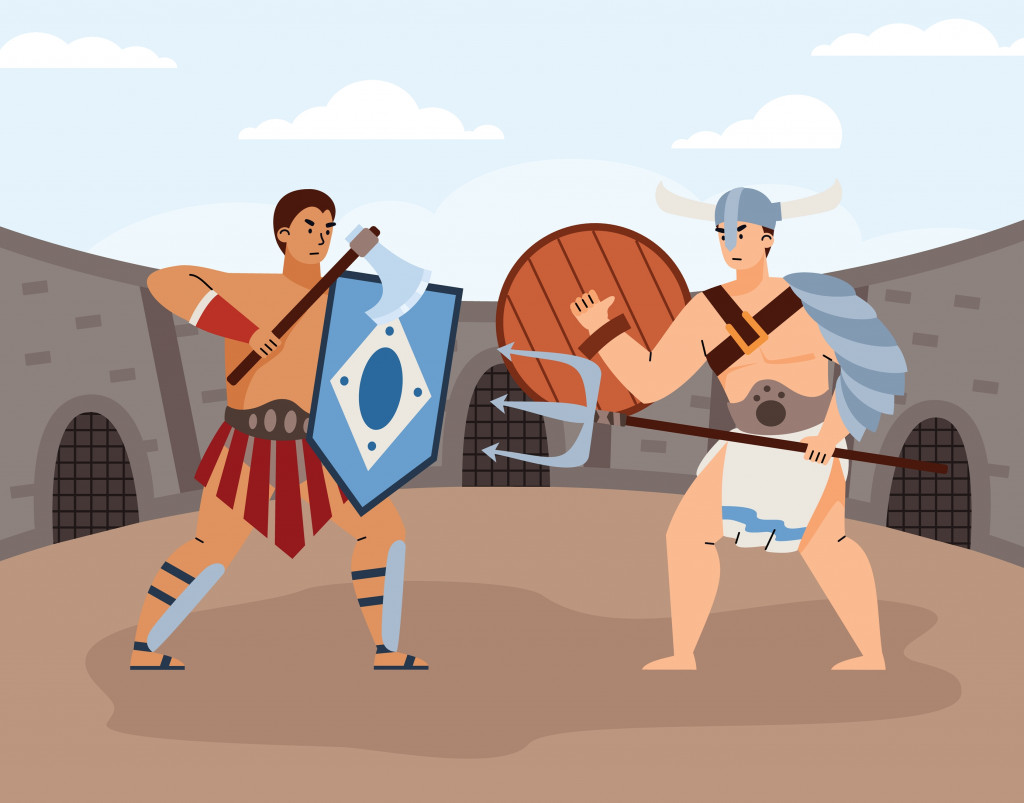 Vector poster with armed ancient roman gladiators or legionary in fight on arena of colosseum
