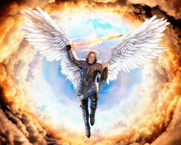 Archangel Michael, with flaming sword and shield, flying on feathered wings into hell, 3d render painting