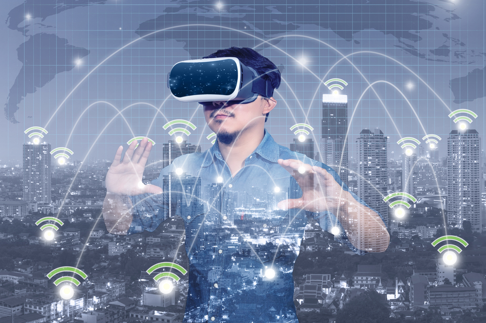 Double,Exposure,Asian,Man,Wearing,Virtual,Reality,With,Network,Connection