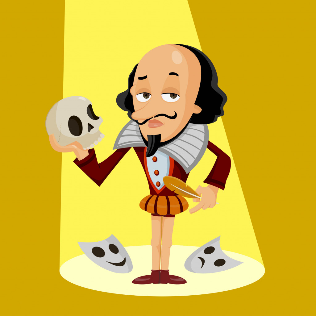 Shakespeare Vector illustration of Shakespeare as funny character with a skull