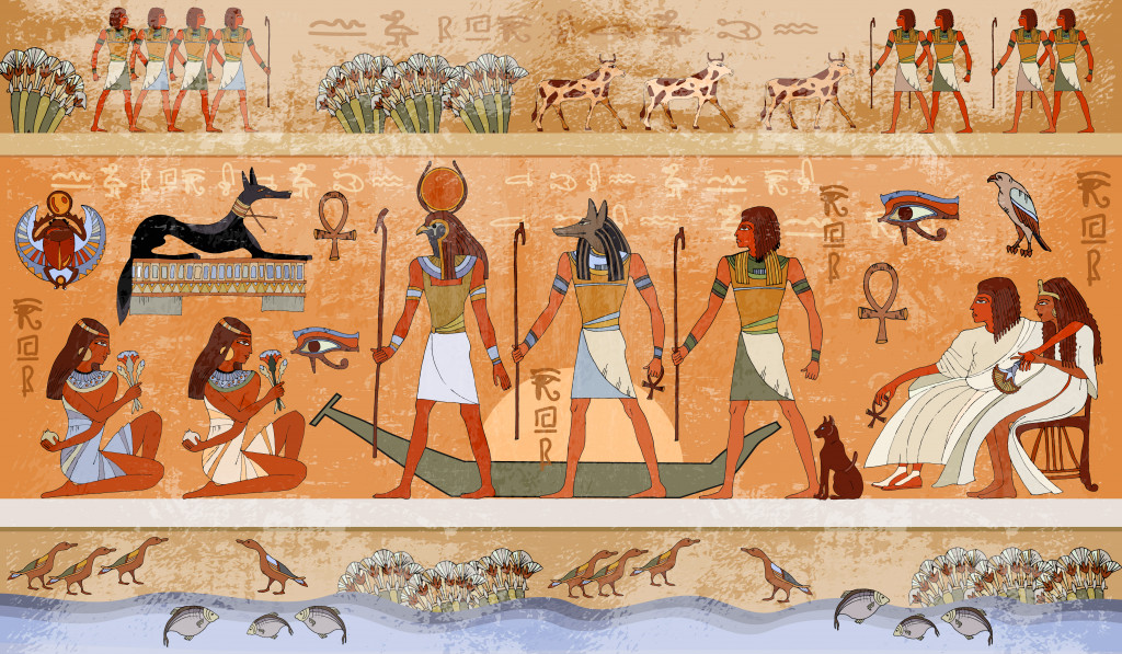Ancient Egypt scene, mythology. Gods and pharaohs. Hieroglyphic carvings on the exterior walls of an ancient temple. Egypt background. Murals ancient