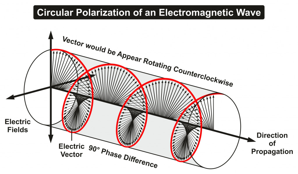 Circular Polarization of an Electromagnetic Light Wave infographic diagram showing electric fields phase difference direction of propagation rotating counterclockwise for physics science education