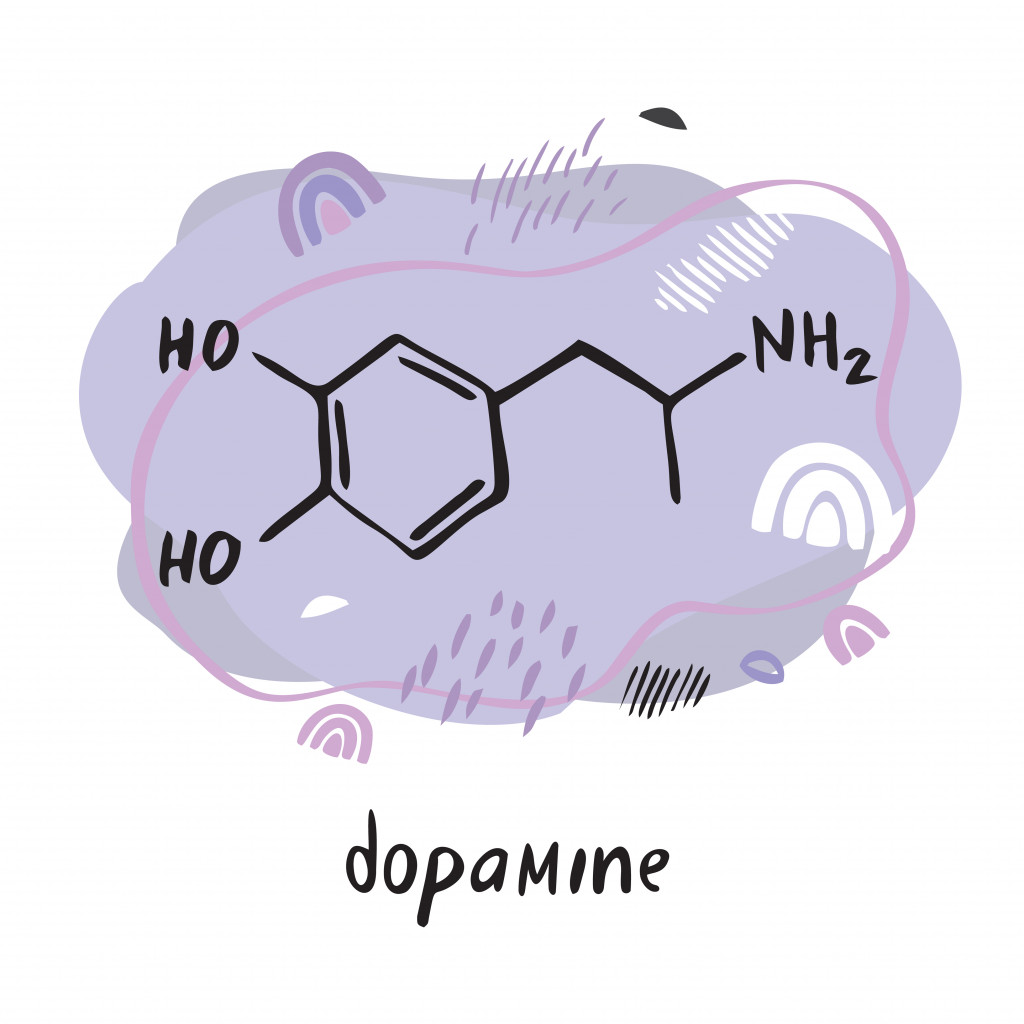 Dopamine neurotransmitter molecule. Hormone formula drawn by hand on the background of abstract objects and shapes