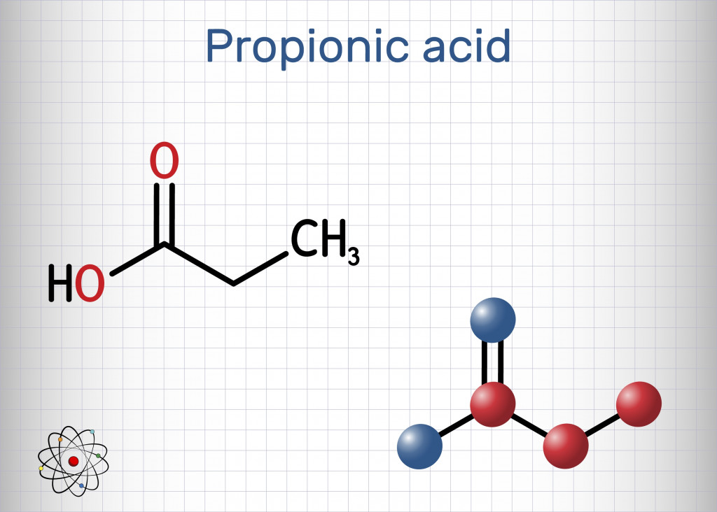 Propanoic acid, propionic acid molecule. It is short-chain saturated fatty acid, antifungal drug, antimicrobial agent E280