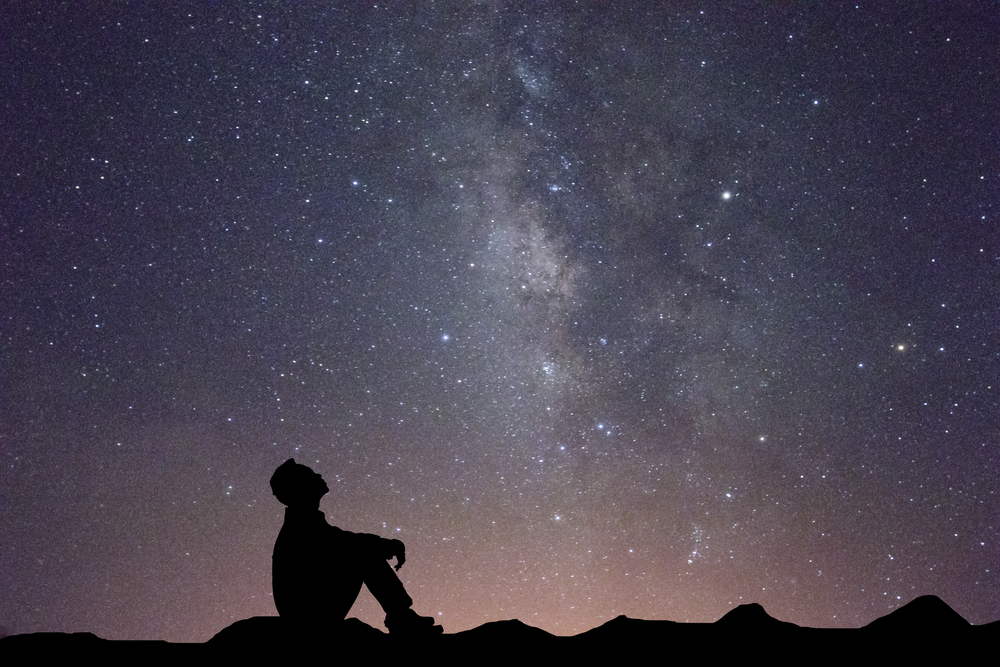 Silhouette,Business,Man,Sitting,Seeing,Milky,Way