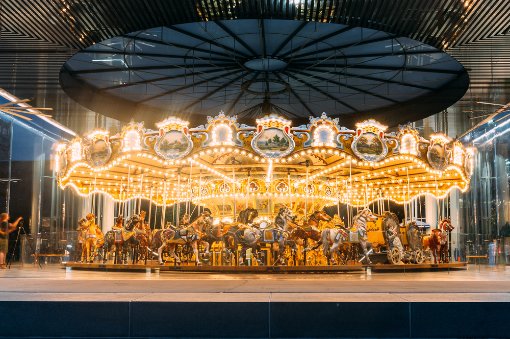 48-horse,Merry-go-round,Wooden,Carousel,Ride,At,Fair,Lit,Up,At