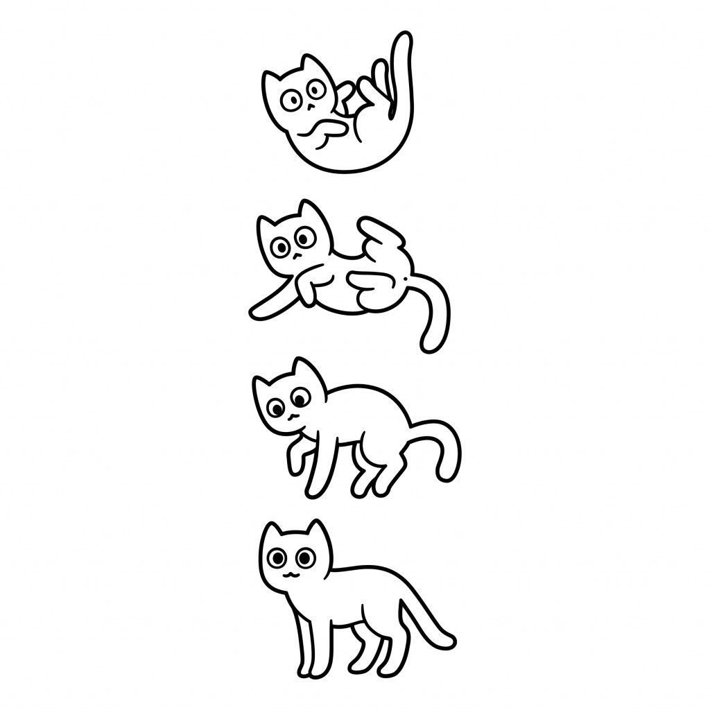 Cute cartoon cat falling and landing on all four paws