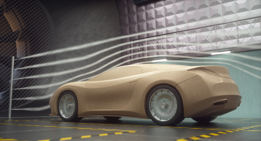 3d,Illustration.,Clay,Car,Inside,Wind,Tunnel.,Design,Without,Real