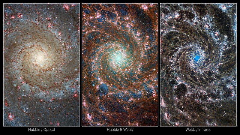 New images of the Phantom Galaxy, M74, showcase the power of space observatories working together in multiple wavelengths. On the left, the NASA/ESA Hubble Space Telescope’s view of the galaxy ranges from the older, redder stars towards the centre, to younger and bluer stars in its spiral arms, to the most active stellar formation in the red bubbles of H II regions. On the right, the NASA/ESA/CSA James Webb Space Telescope’s image is strikingly different, instead highlighting the masses of gas and dust within the galaxy’s arms, and the dense cluster of stars at its core. The combined image in the centre merges these two for a truly unique look at this “grand design” spiral galaxy. Scientists combine data from telescopes operating across the electromagnetic spectrum to truly understand astronomical objects. In this way, data from Hubble and Webb compliment each other to provide a comprehensive view of the spectacular M74 galaxy. Links Image A Image B