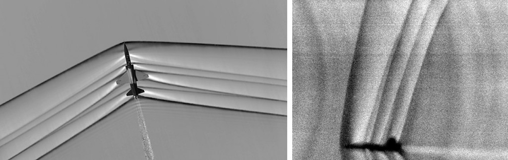 Top view (L) and side view(R) of shock waves in action at various points on the aircraft