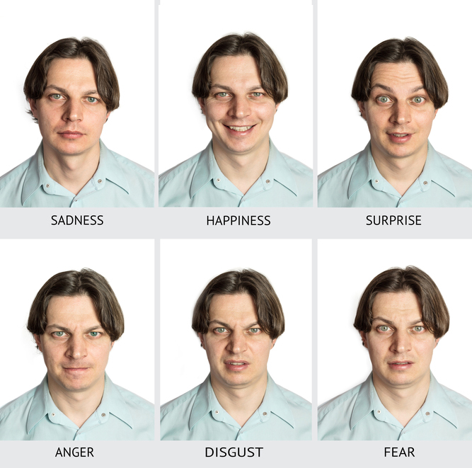 A full chart of human microexpressions. A Caucasian male showing sadness, contempt, surprise, anger, disgust, fear, happiness, love, and a neutral expression