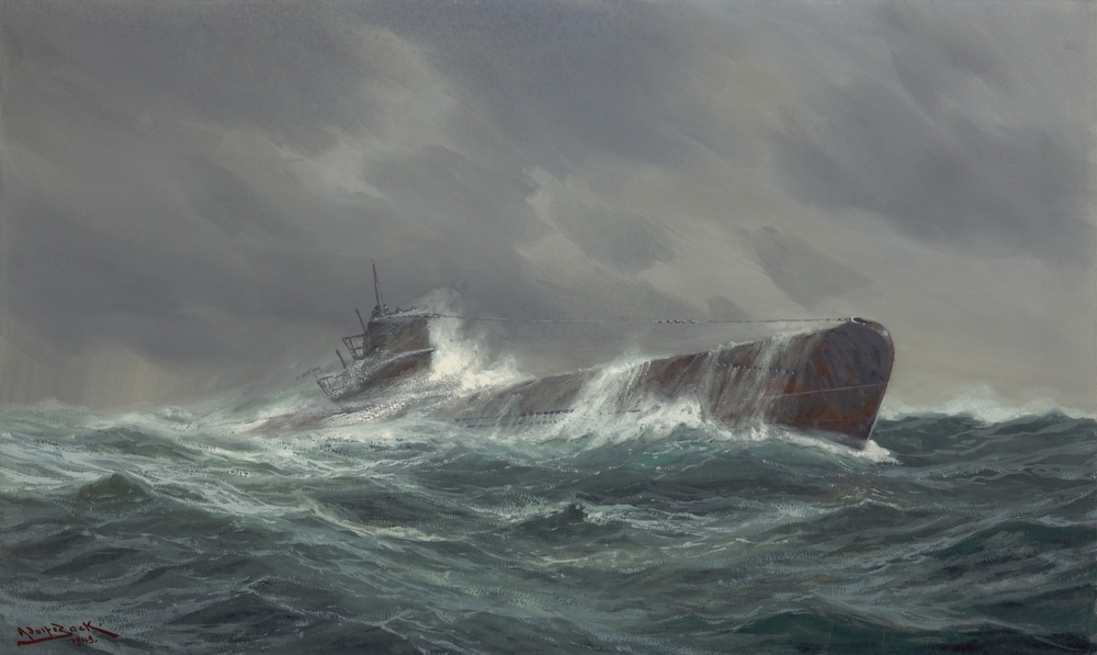 German,Ww2,Submarine,At,Sea.,1943,Painting,By,German,Marine