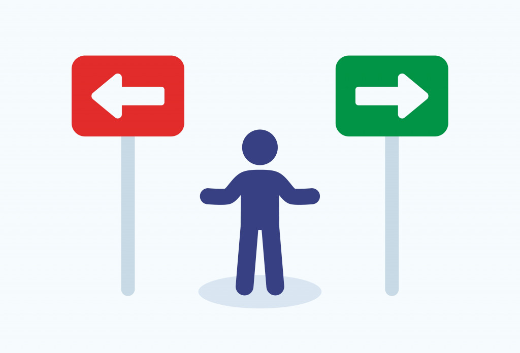 Man making decision on direction choice icon vector graphic