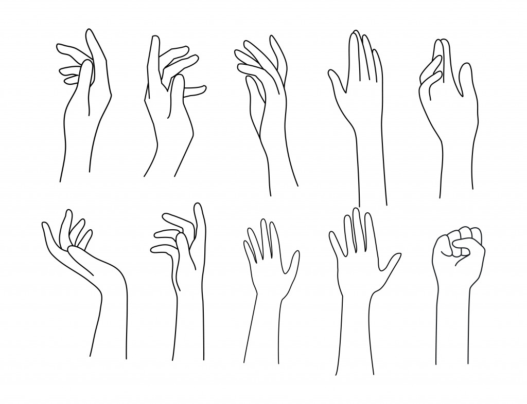 doodle line art illustration of hand in various relaxing pose