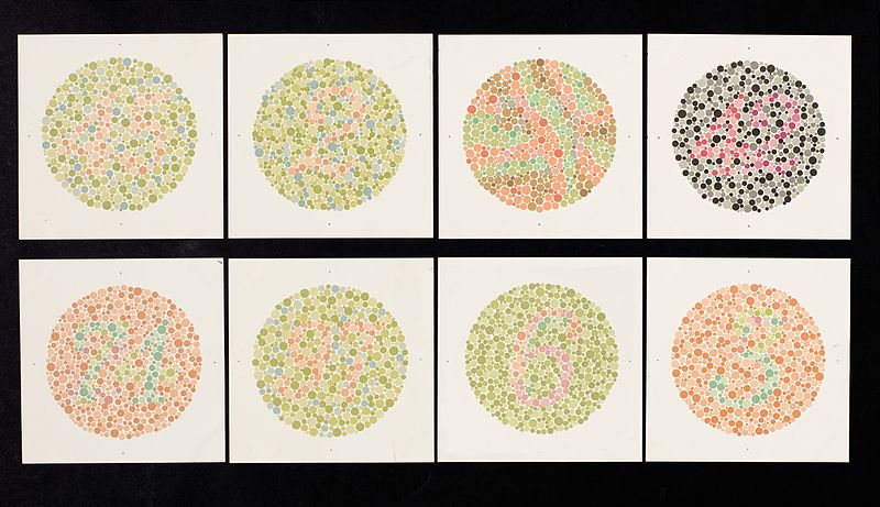 Eight Ishihara charts for testing colour blindness