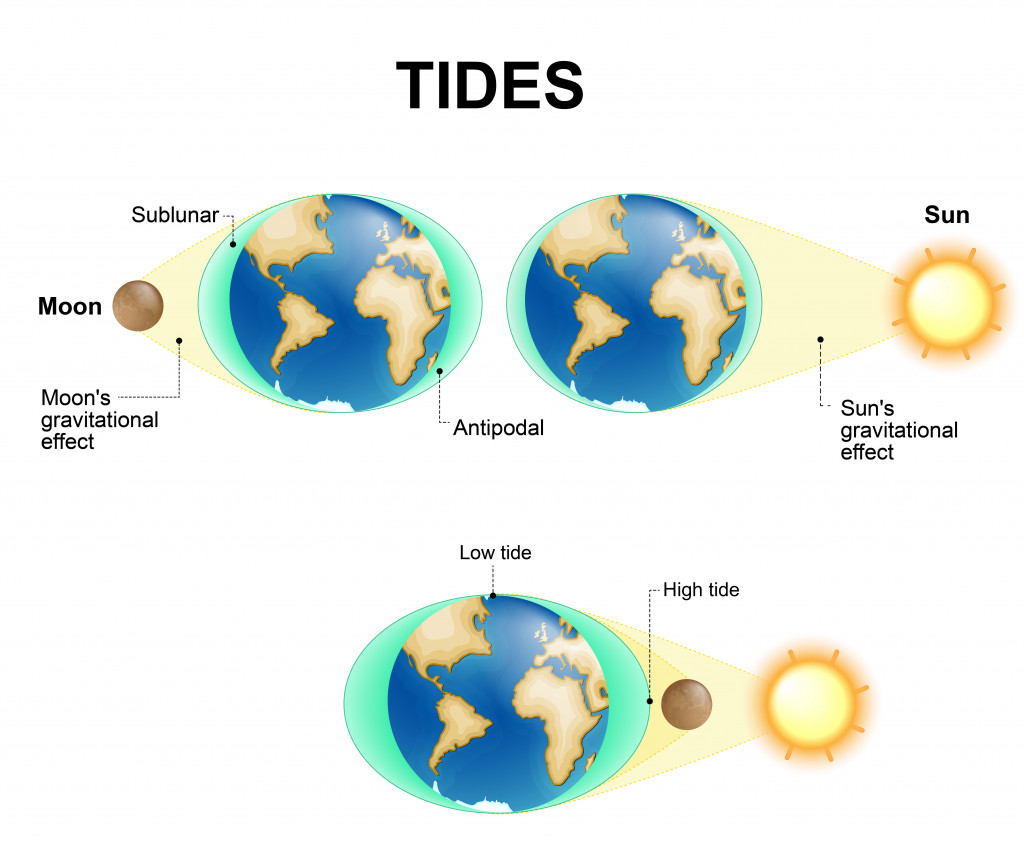 Tides depend where the sun and moon are relative to the Earth. Gravity and inertia creating tidal bulges on opposite sides of the planet.